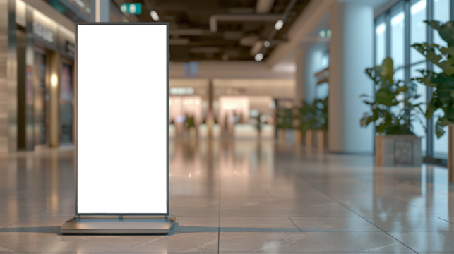 roll up mockup poster stand in an shopping center or mall environment as wide banner design with blank empty PNG 