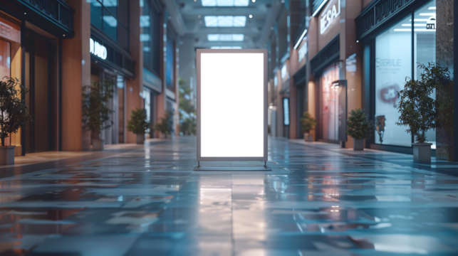 roll up mockup poster stand in an shopping center or mall environment as wide banner design with blank empty PNG 