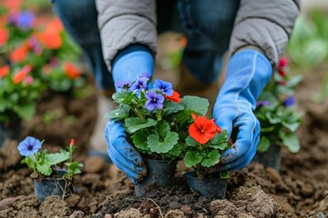 Gardener working with soil and flowers, highlighting horticulture, gardening, and the connection with nature