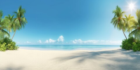 A serene tropical beachscape with white sands, palm trees, and a clear blue sky