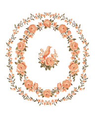 Bird in floral frame for design of greeting cards and vintage decor