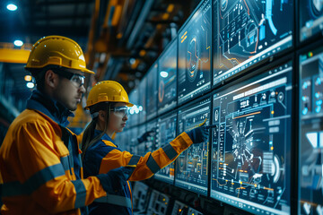 Futuristic technology concept: Team of engineers and professional Workers in heavy industry manufacturing factory that is digitalized with graphics into digital twin of industry