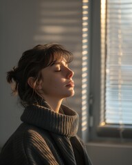 Person with bipolar disorder in a therapy room, gentle light, eyelevel shot, calm and understanding atmosphere