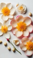Flowers and rose petals isolated on white background. Top view, flat lay