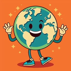 Groovy Earth character in a trendy retro cartoon style for Earth Day. Perfect for cards, posters, banners, and web design, this vector illustration brings a fun and nostalgic vibe to your projects.