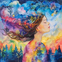 Captivating watercolor illustration features a serene profile of a meditating girl with closed eyes, her hair gracefully billowing in the wind against a backdrop of nature and clouds A fantasy artwork