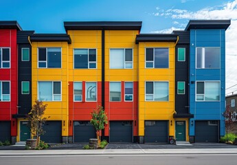 New multi colorful townhouses with garage doors in an urban neighborhood on a sunny day. The townhouses are
