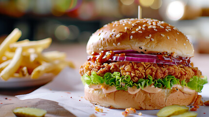 Crispy and Delicious Zinger Chicken Burger Served on a Restaurant Table, Ai Generated