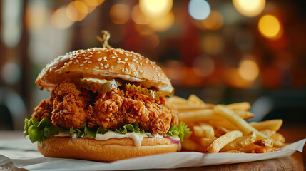 Crispy and Delicious Zinger Chicken Burger Served on a Restaurant Table, Ai Generated