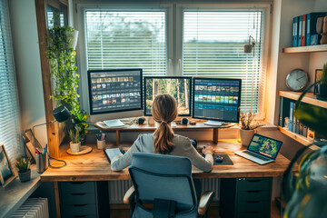 A woman works at a desk with multiple monitors in a bright home office. The room is filled with natural light, lush plants, and organized shelves, creating a vibrant. Generative AI.