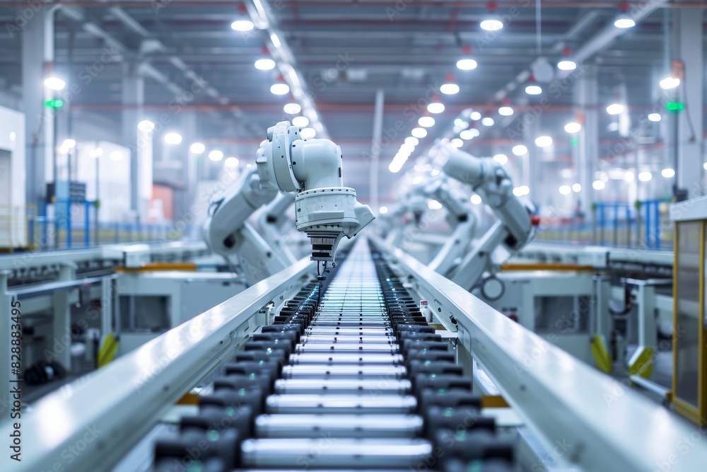 Poster intelligent factory production line, robots working in a busy industrial factory, assembling product