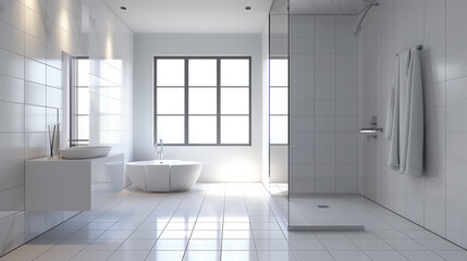 Minimal style white bathroom 3d render, There are large white tile wall and floor.There have glass partition for shower zone,The room has large windows.Natural light transmitted through the room.