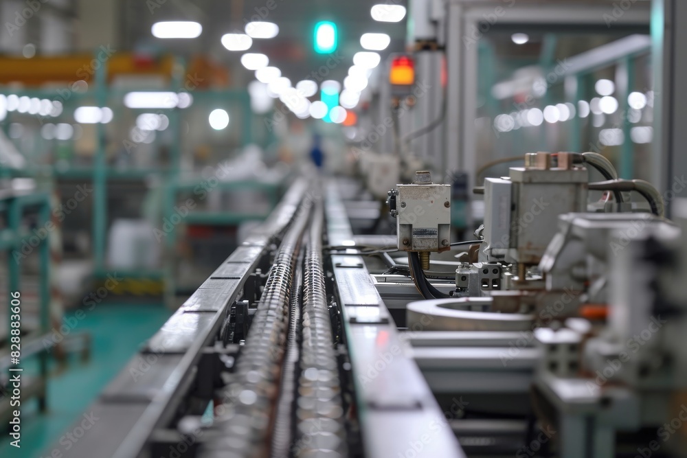 Poster intelligent factory production line, robots working in a busy industrial factory, assembling product
