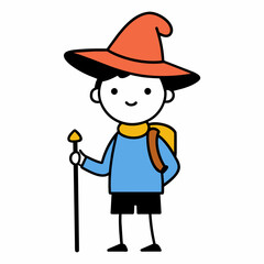 isolated simple cartoon sketch of a child who is a hiker, nature explorer who is wearing a wizard hat on a clean white background with a walking stick