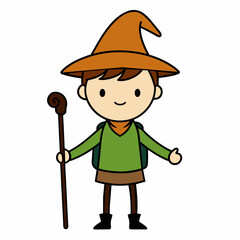 isolated simple cartoon sketch of a child who is a hiker, nature explorer who is wearing a wizard hat on a clean white background with a walking stick