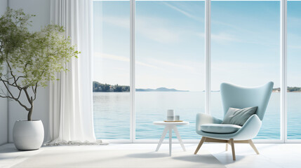 Fototapeta premium living room with blue chair and window view of the ocean
