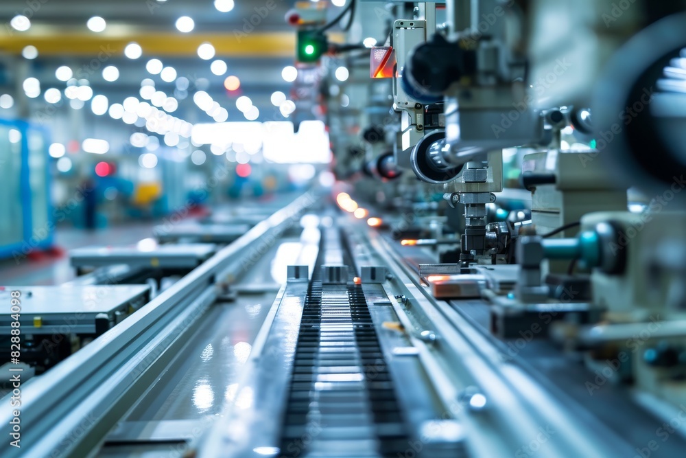 Poster intelligent factory production line, robots working in a busy industrial factory, assembling product