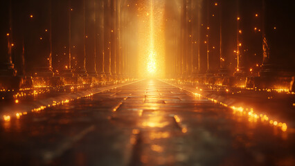 An ancient path leads towards a radiant golden light