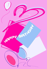 HAPPY BIRTHDAY GREETING WITH A HEART ON A PINK BACKGROUND. A LIGHT FIELD FOR THE NAME