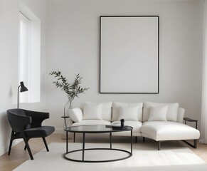 Frame mockup, single vertical ISO A paper size, reflective glass, mockup poster on the wall of the bedroom. Interior mockup. Apartment background. Modern interior design. 3D illustration, 3D render