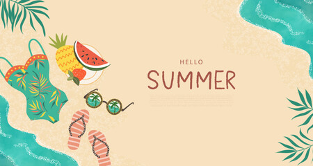 Summer tropical horizontal background. Vector doodle illustration of swimsuit, beach flip flops, fruit plate, sunglasses on sand, sea and tropical leaves. Flat design for web sites, presentation
