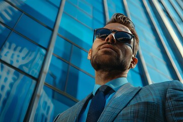 Man stands outside glass office building wearing sunglasses.