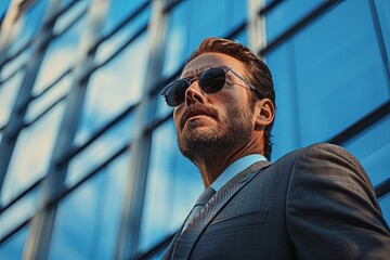 Handsome man wearing sunglasses and suit near glass building.