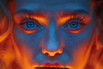 Naklejka premium Beautiful woman looks into the camera with blue eyes.