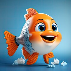 Cartoon 3D fish. Stylized 3D illustration of a friendly cartoon fish character, isolated.  Cute fish print on clothes, stationery, books, children's products. Fishing, fish store, tackle.