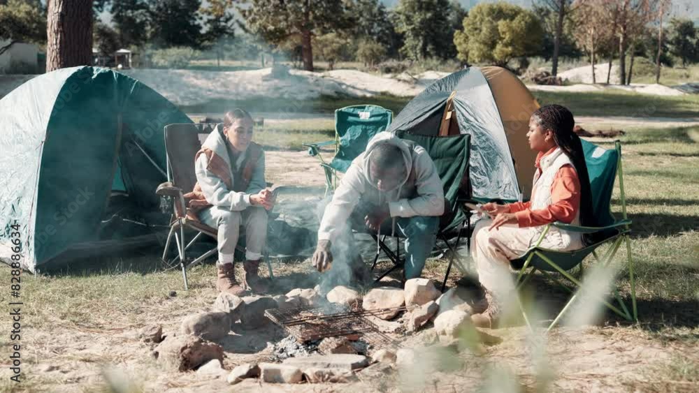 Canvas Prints Camping, friends and food with bbq in outdoors for fresh air with eco travel in summer with tents. Nature, adventure and relax with people on journey with break on weekend in New Zealand for holiday.