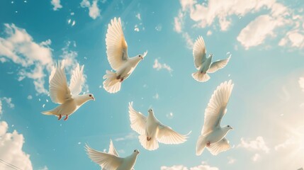 Several white doves are flying in the air, with a blue sky and clouds above them