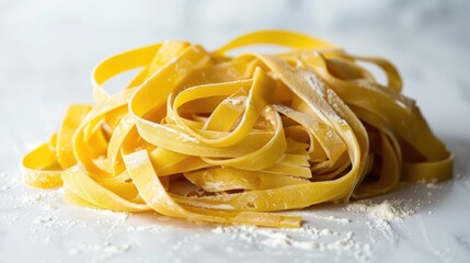 Uncooked Italian tagliatelle displayed on a white surface