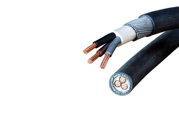 3 copper electrical wires protected with wire wrapped around PVC rubber insulation, black, gray and brown, used in industrial applications on a white background.