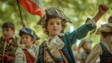 boy dressed in traditional french clothes and cocked hat playing with other children, french independence day concept