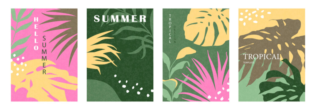 Set of minimalist cards with tropical leaves. Modern flat design with grainy texture. Creative template for promotional materials, sales, poster, branding and more.