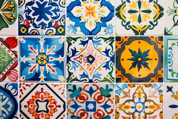 Vivid and intricate traditional Spanish ceramic tiles captured in a close-up illustration, showcasing the vibrant colors and detailed designs of the Fiesta in Spain.