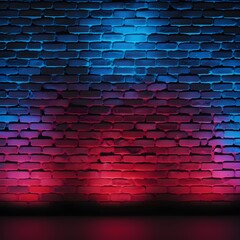 Naklejka premium Red and blue neon lights on a brick wall. Copy space. Generative AI.