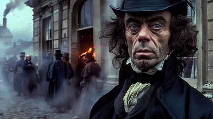 A dramatic portrait of a respectable gentleman amidst the smoky, foggy atmosphere of the streets of Victorian London