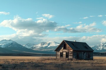 Old wooden house in the middle of an open field with mountains and blue sky in the background at dusk, in USA. Photograph