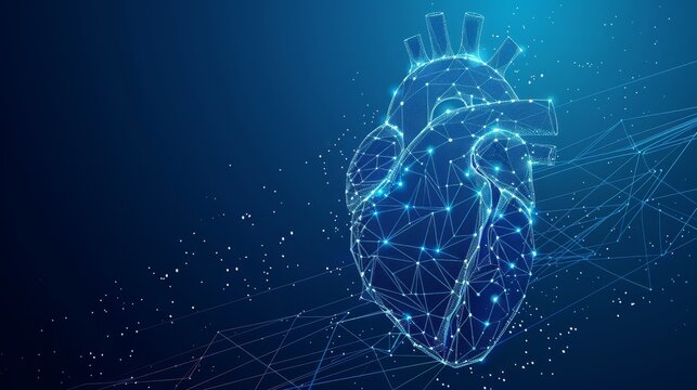 The structure of the heart is formed by a framework of light connections (lines and dots), which impressively emphasizes the complex network of veins and arteries. Modern technologies and medicine. AI