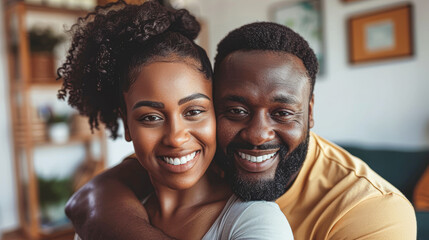 a joyful couple with home and financial savings in the foreground, office setting