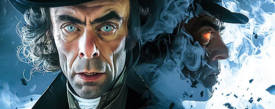 A dramatic portrait of a respectable Victorian gentleman, demonstrating the deep conflict and duality within one man. Аllusion to Dr. Jekyll and Mr. Hyde