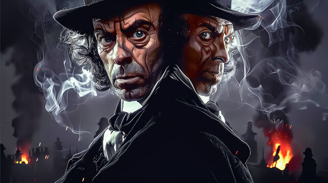 A dramatic portrait of a respectable Victorian gentleman, demonstrating the deep conflict and duality within one man. Аllusion to Dr. Jekyll and Mr. Hyde