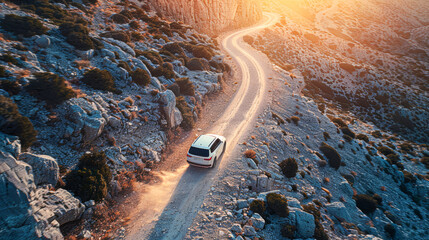adventure of driving a white SUV on a serpentine mountain road, evening light casting long shadows