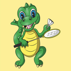 a green dinosaur wants to play badminton