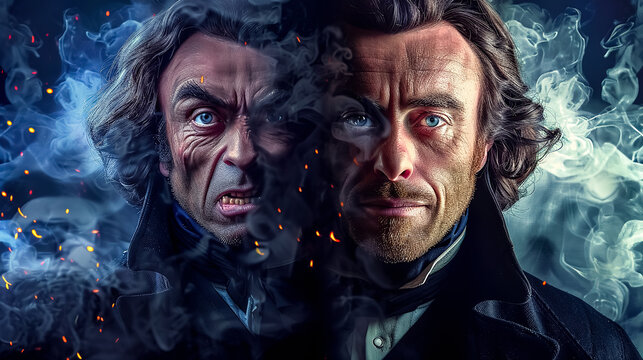 A dramatic portrait of a respectable Victorian gentleman, demonstrating the deep conflict and duality within one man. Аllusion to Dr. Jekyll and Mr. Hyde