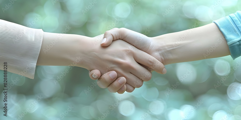 Poster symbolic representation of collaboration: two hands shaking in partnership. concept equality in unit