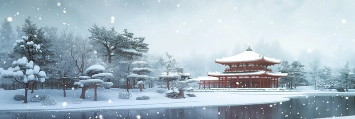 A tranquil winter setting of a traditional Asian temple surrounded by snow-covered trees and a calm pond with gentle snowfall