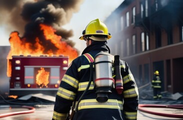 Obraz premium Rear view of a firefighter in uniform with a burning house and fire trucks in the background. Catastrophe