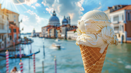 close-up of a delectable ice cream cone, with picturesque town in the distance.